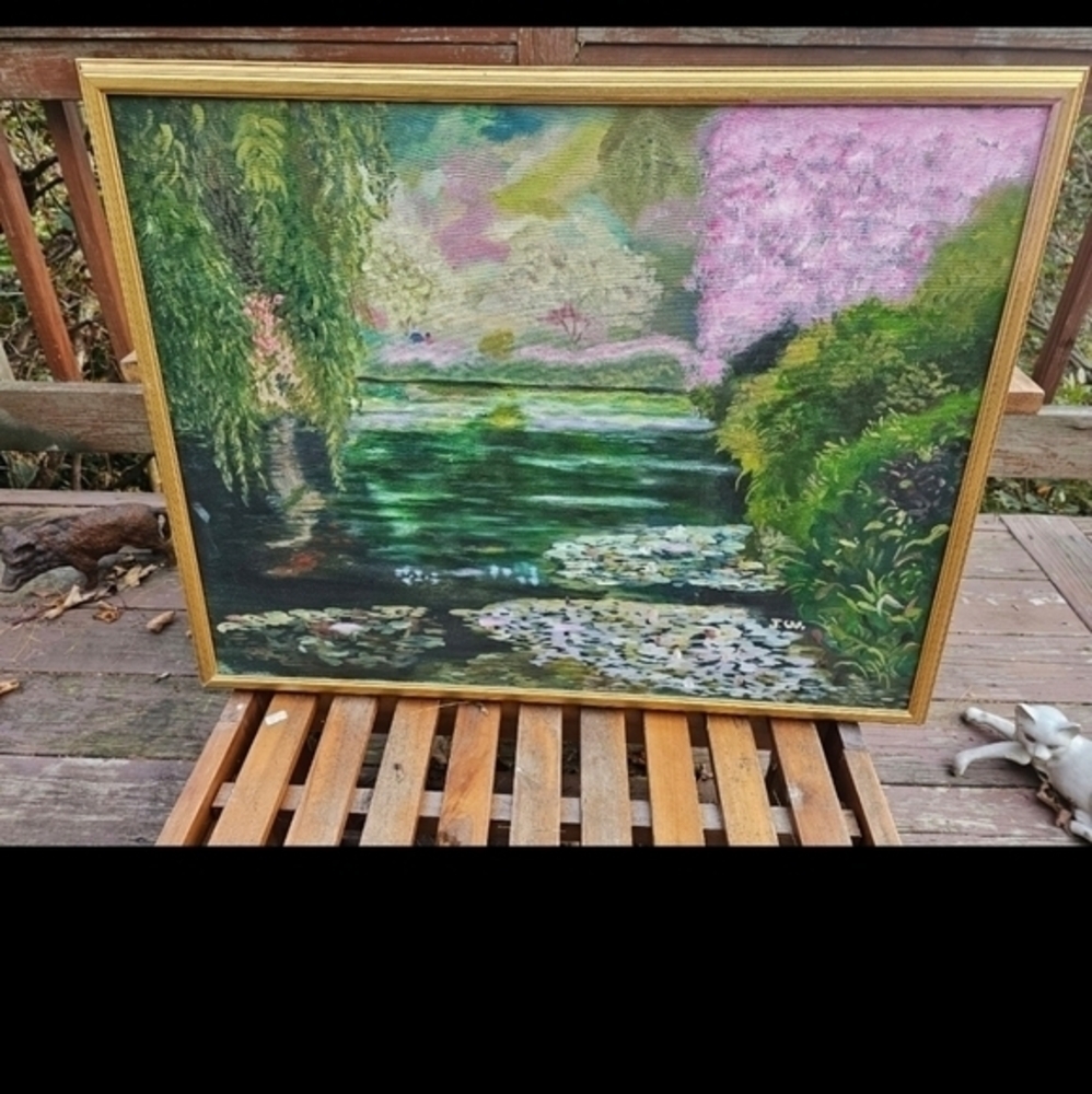 Vintage oil painting of a lily pond - Picture 2 of 11